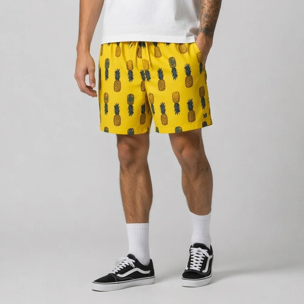 Hurley Mens Yellow Pineapple Print Board Shorts Swim Trunks Sz Medium 7in Inseam